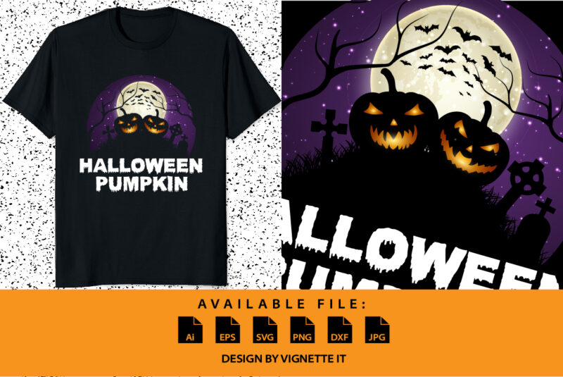 Halloween Pumpkin Happy Halloween shirt print template, Pumpkin Halloween tree bats witch scary themed texture background, Dark night vector design