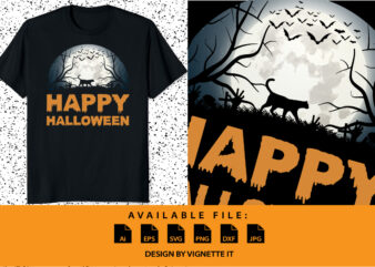 Happy Halloween shirt print template, Pumpkin Halloween Cat tree bats witch scary themed texture background, Dark night vector design