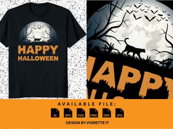 Happy halloween shirt print template, pumpkin halloween cat tree bats witch scary themed texture background, dark night vector design