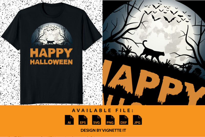 Happy Halloween shirt print template, Pumpkin Halloween Cat tree bats witch scary themed texture background, Dark night vector design