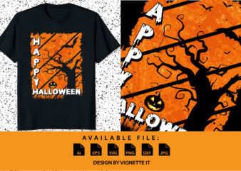 Happy Halloween shirt print template, Pumpkin Halloween tree bats witch scary themed texture background, Dark night vector design