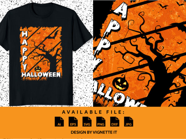 Happy halloween shirt print template, pumpkin halloween tree bats witch scary themed texture background, dark night vector design