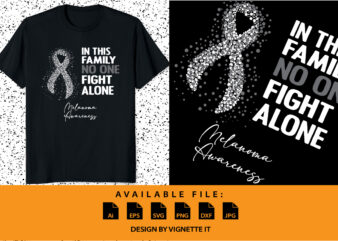 In this family no one fight alone melanoma awareness, cancer awareness Shirt print template, vector clipart black ribbon