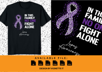 In this family no one fight alone lupus awareness, cancer awareness Shirt print template, vector clipart purple ribbon