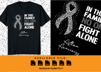 In this family no one fight alone asthma awareness, cancer awareness Shirt print template, vector clipart gray ribbon