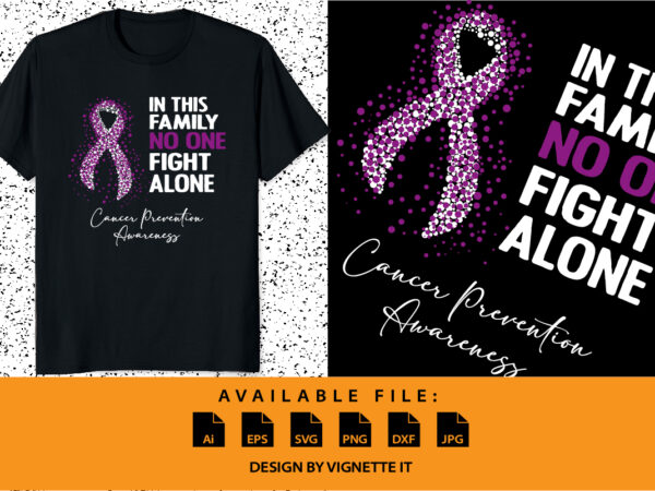 In this family no one fight alone cancer prevention awareness, cancer awareness shirt print template, vector clipart purple ribbon