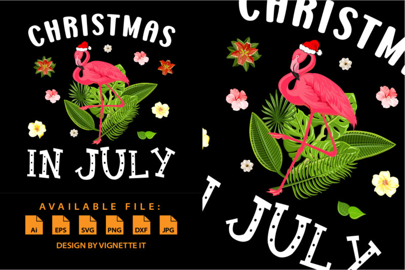 Christmas In July Shirts for Women Pink Flamingo Summer shirt print template, Tropical element vector, Santa’s hat floral background