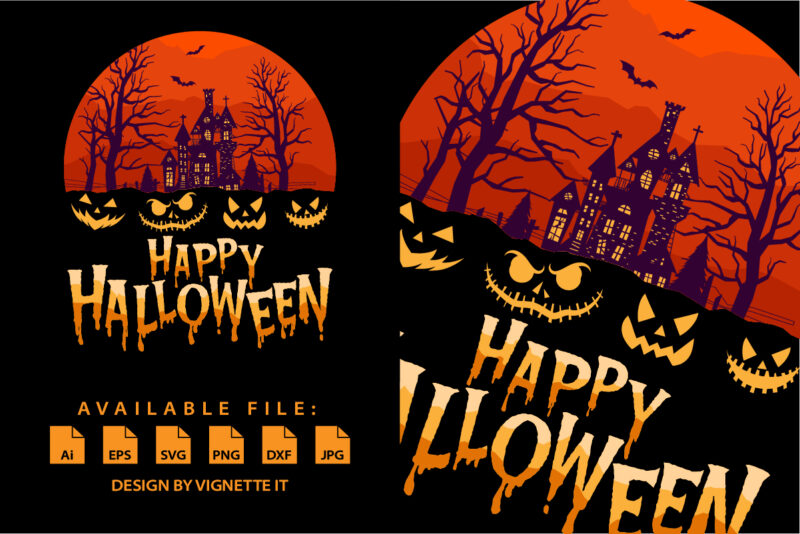 Happy Halloween Bats, Pumpkin, Spooky Scene, Crows, Spider T-Shirt print template