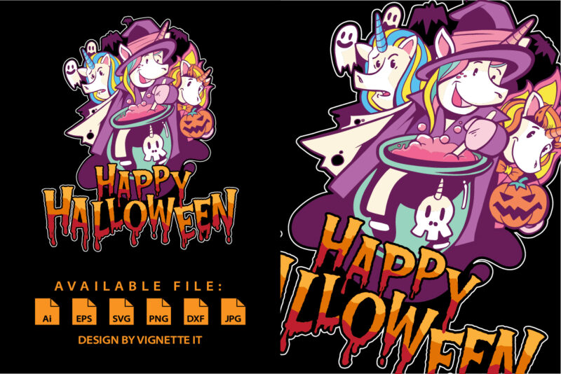 Happy Halloween Witchy Unicorn Halloween Shirt print template, Horror vector background Halloween Unicorn, Pumpkin, bat, balloon vector