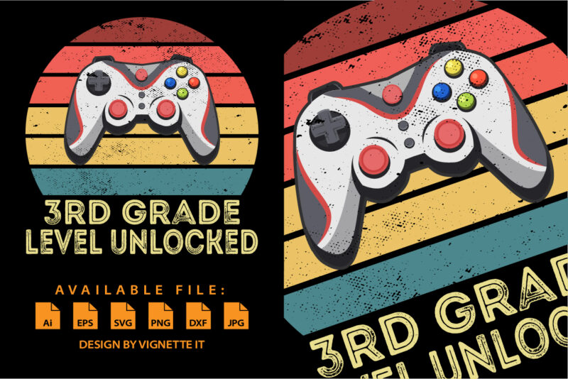 3rd Grade Level Unlocked Video Gamer Back to School Boys shirt print template Vintage sunset Gamer joystick