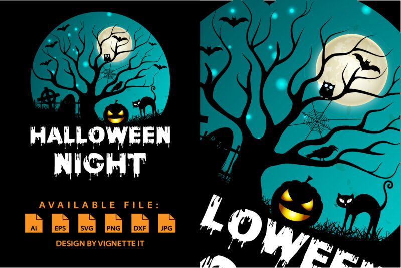 Happy Halloween shirt print template, Pumpkin Halloween tree bats witch scary themed texture background, Dark night vector design