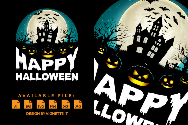 Happy Halloween shirt print template, Pumpkin Halloween tree bats witch scary themed texture background, Dark night house vector design
