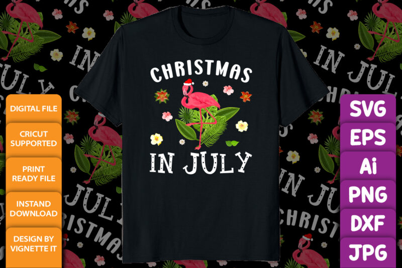 Christmas In July Shirts for Women Pink Flamingo Summer shirt print template, Tropical element vector, Santa’s hat floral background