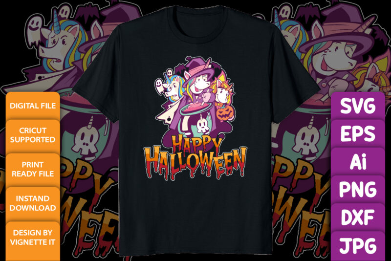 Happy Halloween Witchy Unicorn Halloween Shirt print template, Horror vector background Halloween Unicorn, Pumpkin, bat, balloon vector