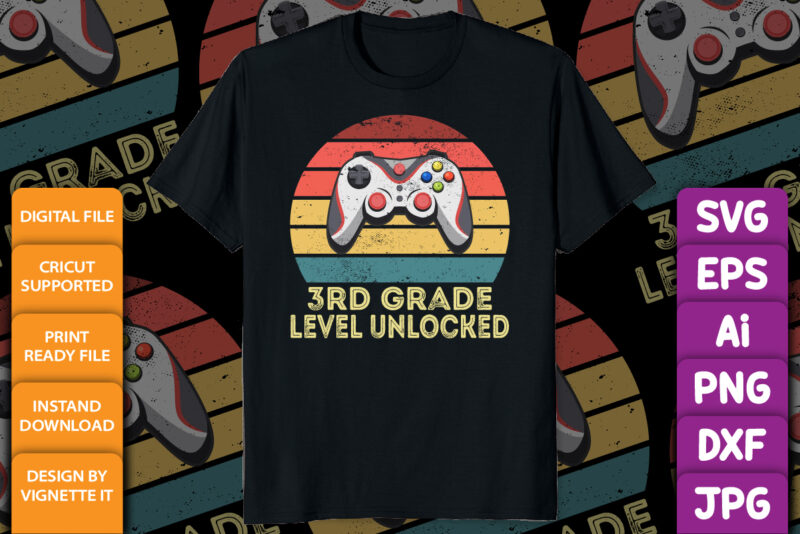 3rd Grade Level Unlocked Video Gamer Back to School Boys shirt print template Vintage sunset Gamer joystick