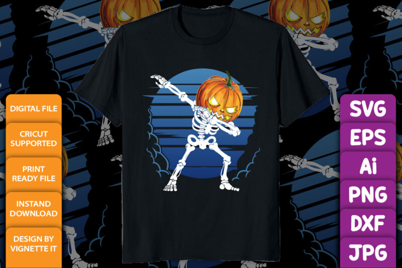 Happy Halloween Pumpkin shirt print template, Skeleton Pumpkin Halloween tree bats witch scary themed texture background, Dark night vector design