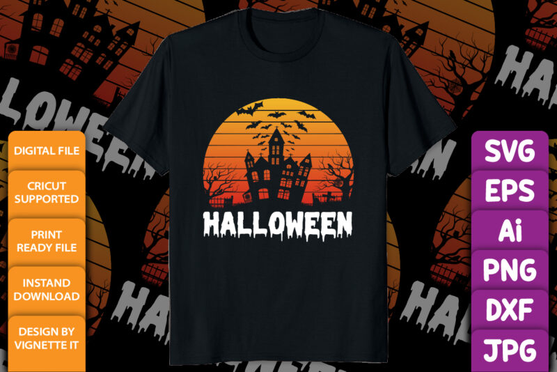 Happy Halloween shirt print template, Pumpkin Halloween tree bats witch scary themed texture background, Dark night House vector design