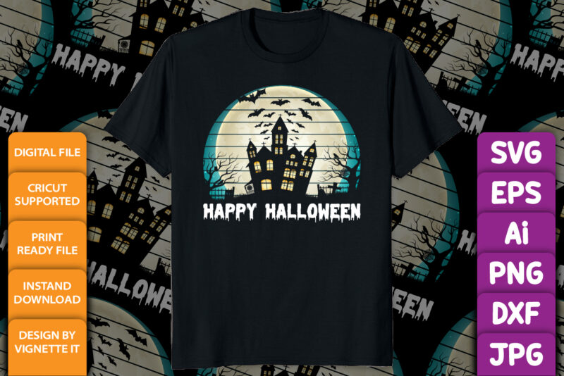 Happy Halloween shirt print template, Pumpkin Halloween tree bats witch scary themed texture background, Dark night House vector design