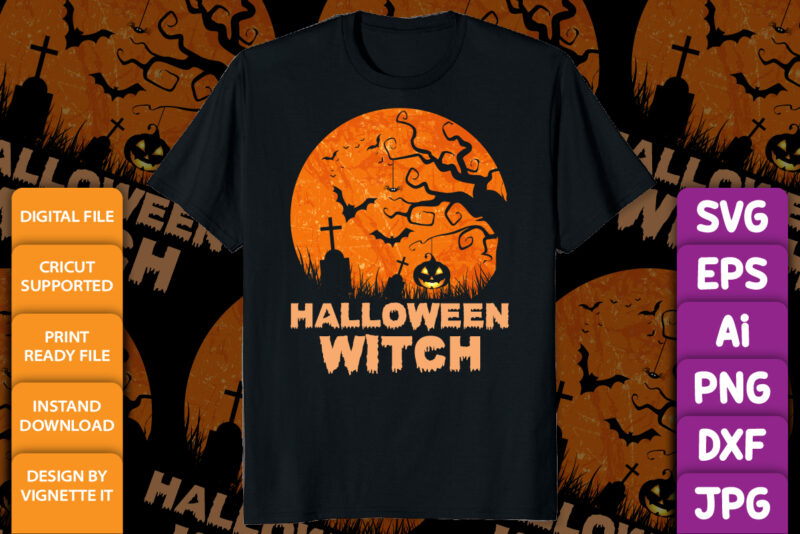 Halloween witch Happy Halloween shirt print template, Pumpkin Halloween tree bats witch scary themed texture background, Dark night vector design