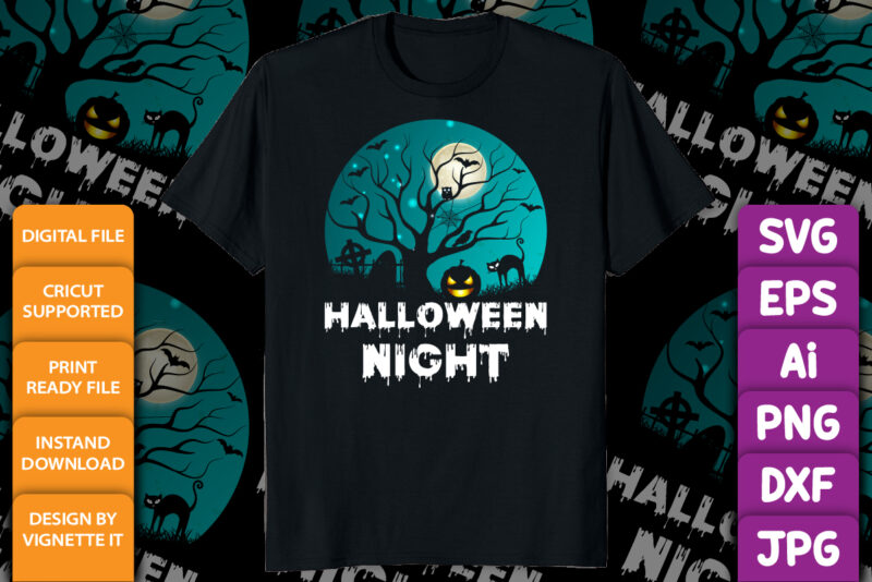 Happy Halloween shirt print template, Pumpkin Halloween tree bats witch scary themed texture background, Dark night vector design