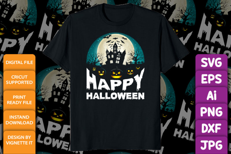 Happy Halloween shirt print template, Pumpkin Halloween tree bats witch scary themed texture background, Dark night house vector design