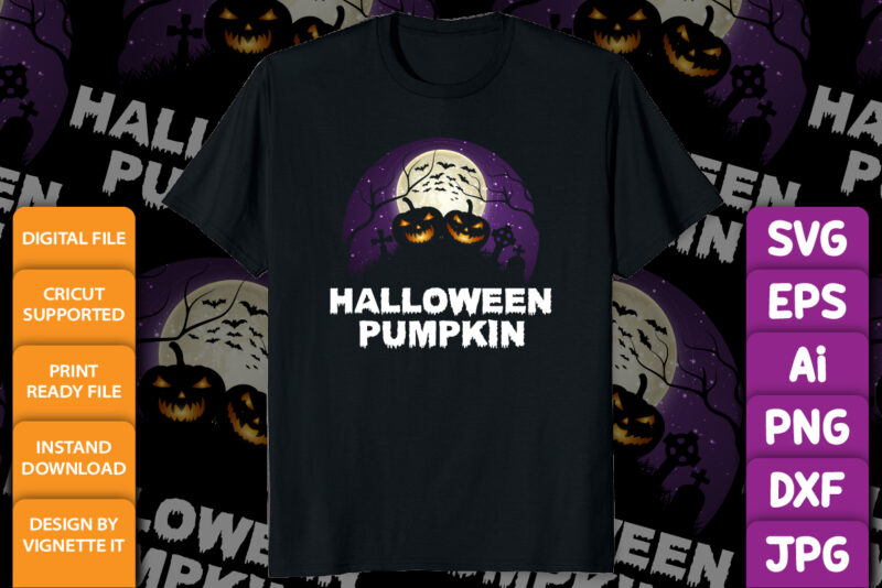 Halloween Pumpkin Happy Halloween shirt print template, Pumpkin Halloween tree bats witch scary themed texture background, Dark night vector design