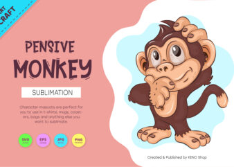 Pensive Cartoon Monkey. Crafting, Sublimation.