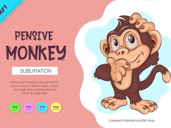Pensive cartoon monkey. crafting, sublimation. t shirt illustration