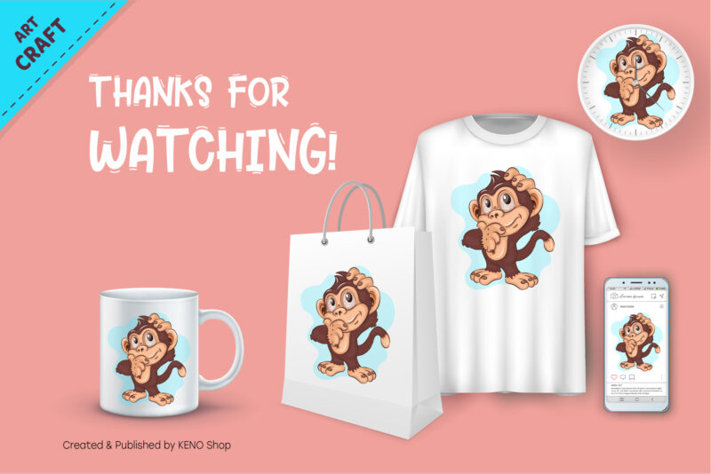 Pensive Cartoon Monkey. Crafting, Sublimation.