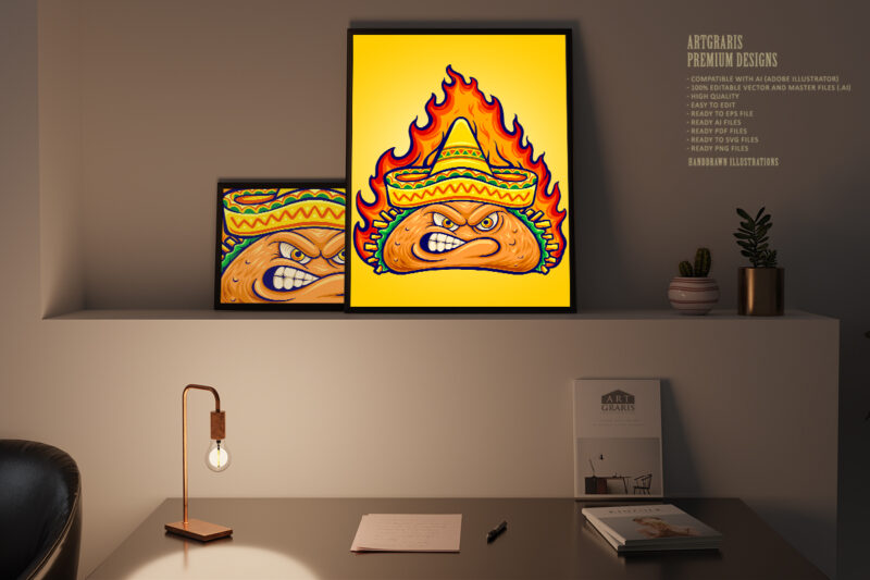 Delicious angry mexican taco with blazing fire illustrations