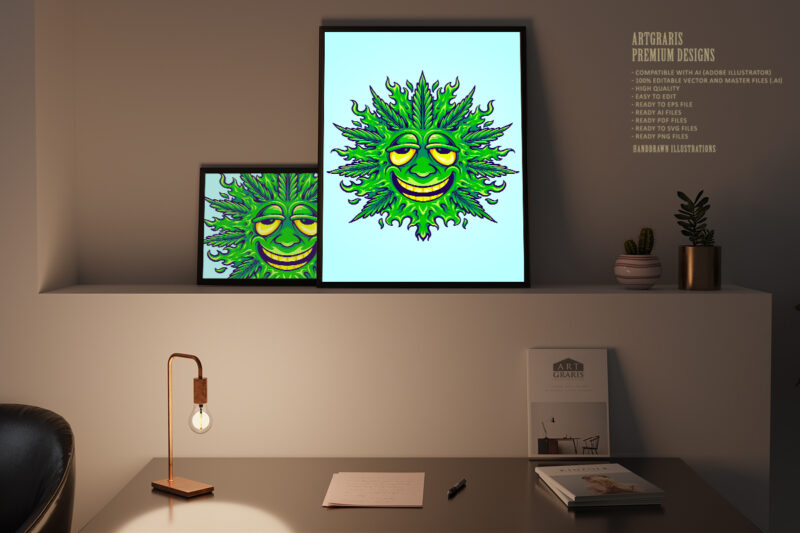 Weed leaf cute emoji smile illustrations