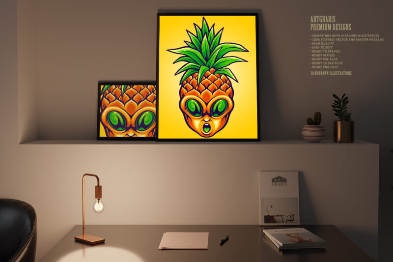 Pineapple fruit alien head cartoon illustrations