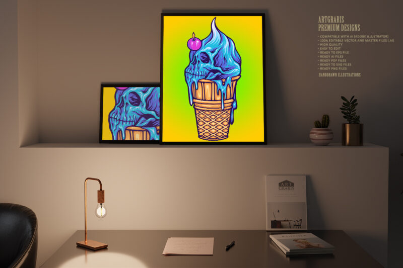 Cute skull ice cream cone illustrations