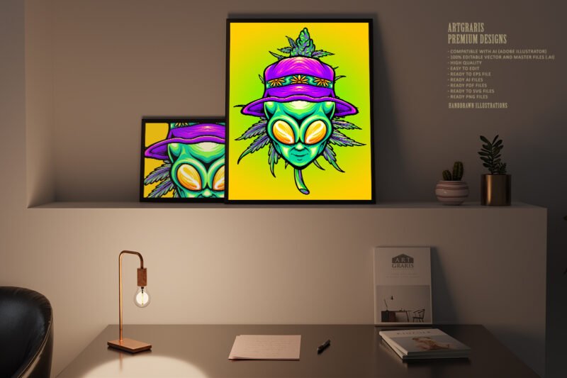 Summer alien head with cannabis weed leaf plant illustrations