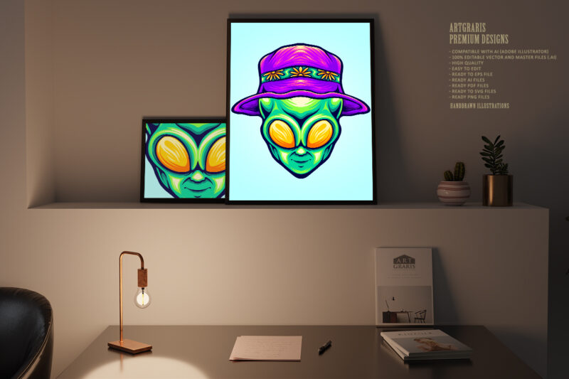 Funky alien head with summer beach hat illustrations