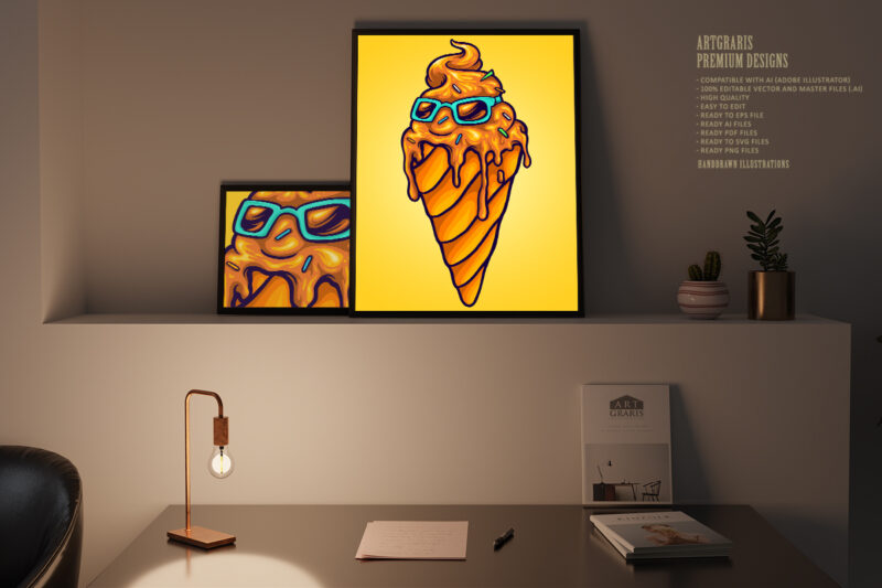 Funky ice cream melted with sunglasses illustrations