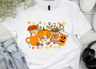 RD Halloween Pumpkin Coffee Latte Drink Cup Bleached Shirt – Fall Coffee Shirt, Thanksgiving Shirt, Coffee Lover tee Shirt, Pumpkin Spice Shirt