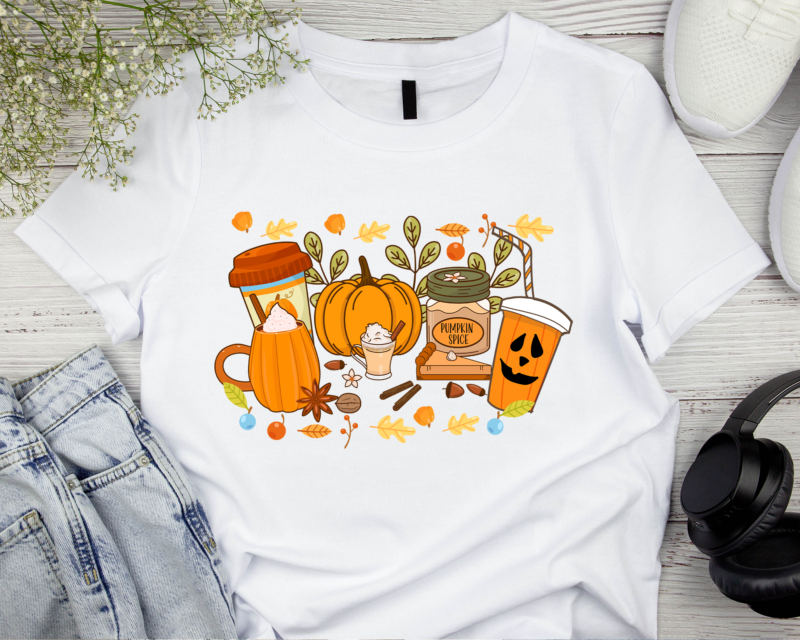 RD Halloween Pumpkin Coffee Latte Drink Cup Bleached Shirt – Fall Coffee Shirt, Thanksgiving Shirt, Coffee Lover tee Shirt, Pumpkin Spice Shirt