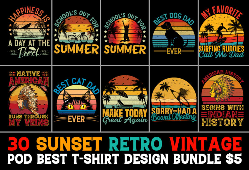 Retro Sunset T-Shirt Design Bundle