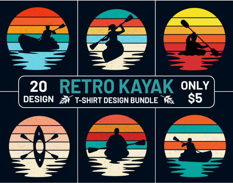 Retro Sunset Kayak T Shirt Design Bundle, Kayak T Shirt Design, Retro Vintage Sunset Outdoor T Shirt