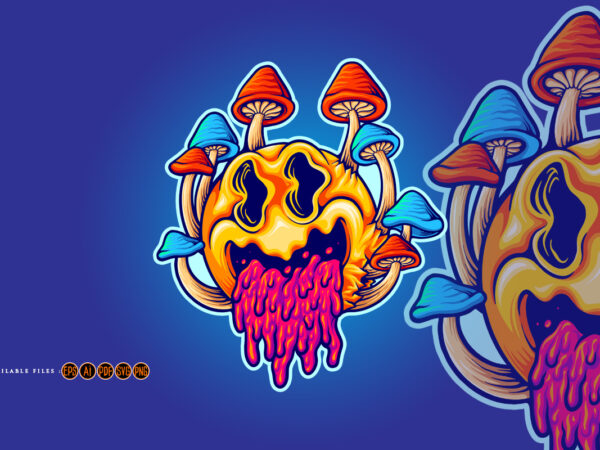 Scary psychedelic mushrooms cartoon colorful illustrations t shirt template vector