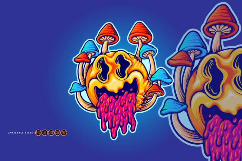 Scary psychedelic mushrooms cartoon colorful illustrations