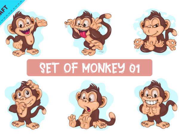Set of cartoon monkey 01. crafting, sublimation. t shirt template vector