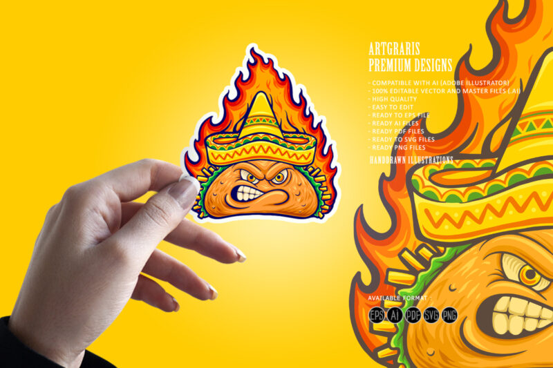 Delicious angry mexican taco with blazing fire illustrations