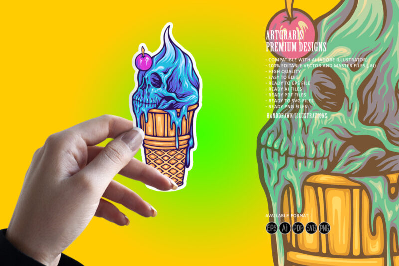 Cute skull ice cream cone illustrations