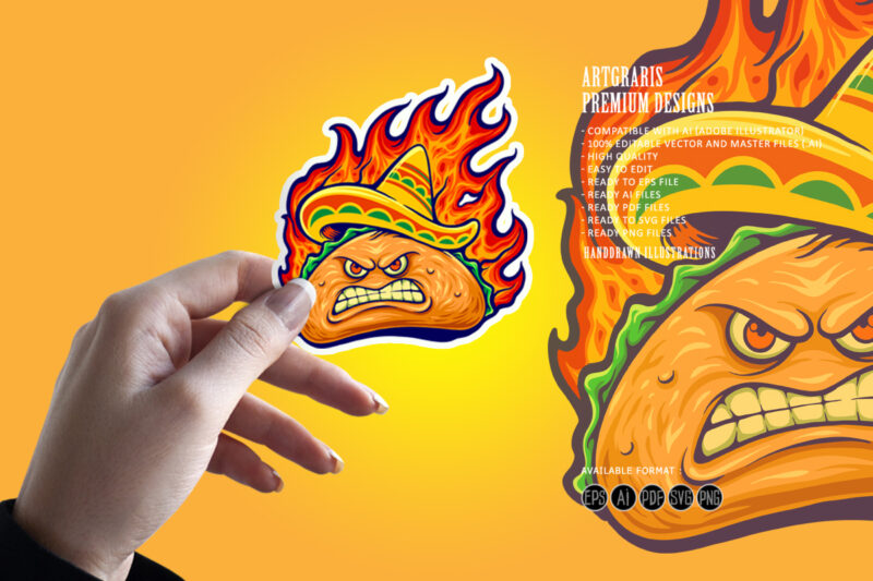 Angry delicious mexican taco with blazing fire illustrations