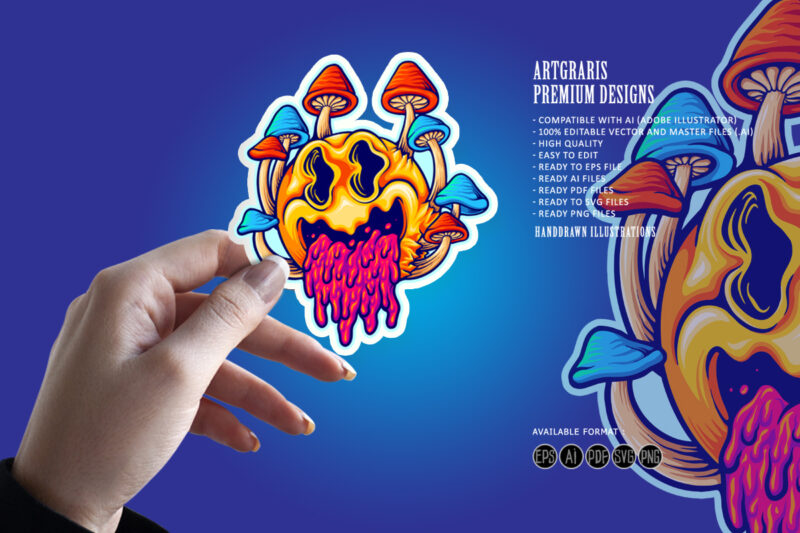 Scary psychedelic mushrooms cartoon colorful illustrations