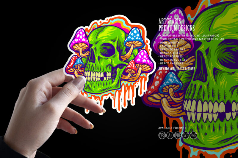 Psychedelic head skull with mushrooms illustrations