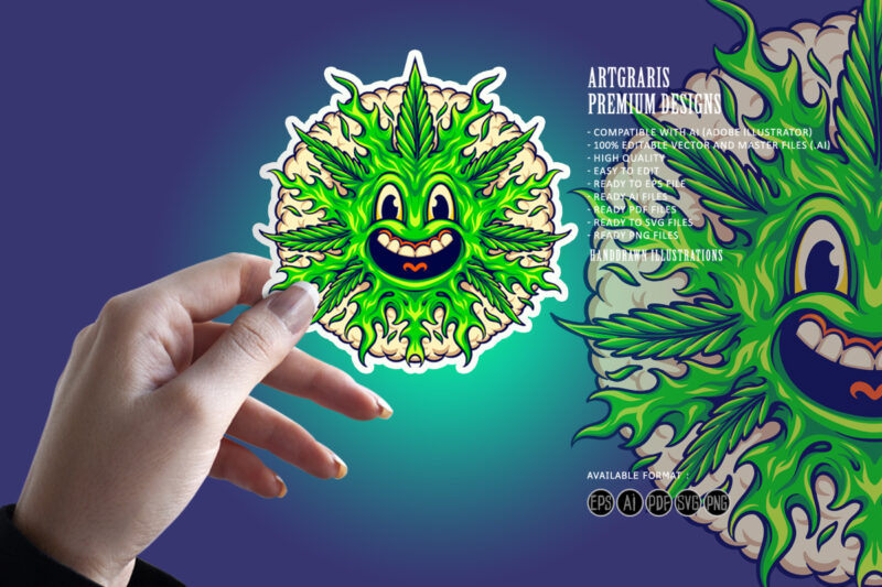 Weed leaf cute emoji with smoke bubble illustrations