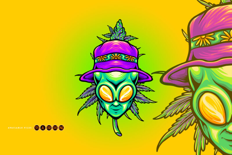 Summer alien head with cannabis weed leaf plant illustrations